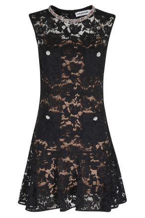 Self Portrait Black Lace Crystal Mini Four-Pockets Polyamide-Blend Mini Dress