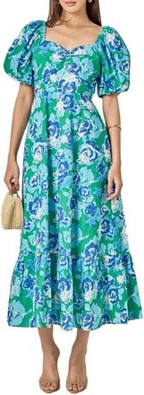 English Factory Floral Back Cutout Cotton Dress in Blue /Green Floral at Nordstrom, Size X-Small