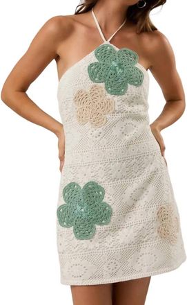 Le Lis Blanc Deux Crochet Halter Mini Dress In Sage Green / White / Beige