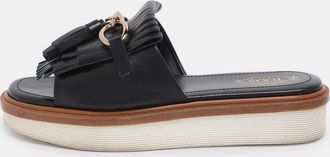 Tod's Tods Black Leather Tassel Fringe Detail Platform Slide Sandals