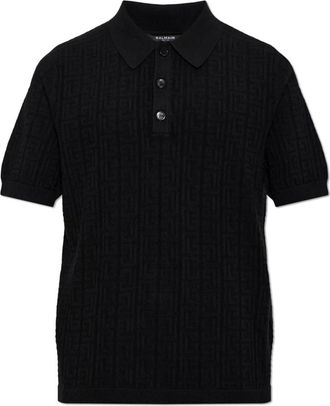 Balmain Monogram Gebreide Poloshirt - Heren - V-hals truien - Zwart - M - Leer - Truien & Vesten