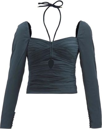 Self Portrait Korte Elastische Cr&ecirc;pe Top - Dames - Blouses - Groen - 2XS - Polyester - Overhemden