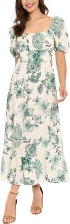 London Times Puff Sleeve Empire Waist Midi Dress in Soft White/Slate Aqua at Nordstrom Rack, Size 10