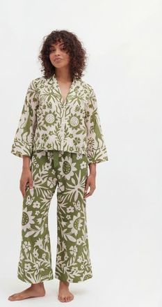Desmond & Dempsey Boxy Shirt & Wide Leg Set in Fabelei Cream/green at Nordstrom, Size Medium Uk