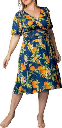 Kiyonna Jemma Ruched Tie Dress in Navy Citrus Print at Nordstrom, Size 5X