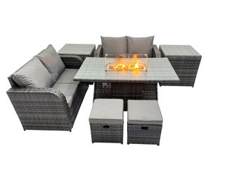 Fimous 6-seater Rattan Garden Furniture Set with 2 Side Tables 2 Small Stools in Dark Grey
