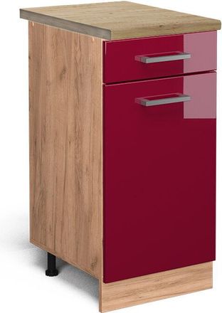 Vicco Mueble Bajo De Cocina R-line, Rojo Burdeos Alto Brillo, 40 Cm, Et Roble