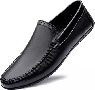 Generic Loafers for Men Cowhide Stitching Details Round Toe Comfortable Anti-Slip Flat Heel Outdoor Slip-ons(Black,7.5 UK)