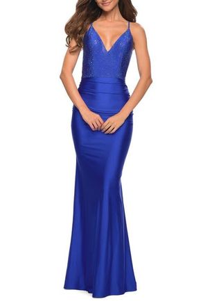 La Femme Jersey Dress with Rhinestone Beaded Top and V Neck in Royal Blue at Nordstrom, Size 10