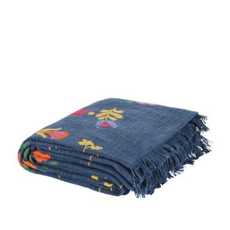 Maisons du monde Manta de algod&oacute;n azul con bordado floral multicolor 170x130 cm