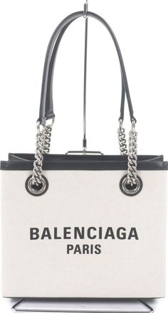 Balenciaga Black Light Beige Canvas Leather Handbag Tote Bag (Pre-Owned)