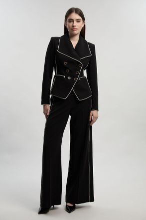 Karen Millen Womens Petite Compact Stretch Contrast Tipped Wide Leg Tailored Trouser - Black - Size 10 UK