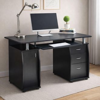 RayGar Wicklow Computer Desk with Storage Cabinet & 3 Drawers in Black | Size: 1 Pack