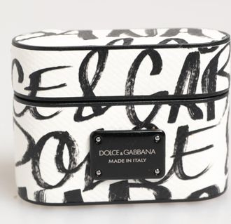 Dolce & Gabbana Black White Leather Monogram Print Logo Holder Airpods Case Accessory