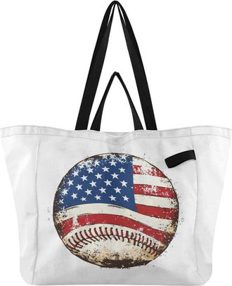 Generic Flag Baseball White print Reusable Canvas Tote Bag, Heavy Duty Grocery Shopping Bag with Large Capacity Hard Bottom Double Handles Work Groceries Trav