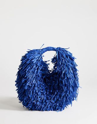 Topshop Milo - Borsa a mano media in paglia con frange color cobalto-Blu