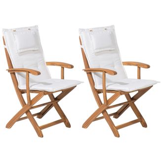 Beliani Conjunto De 2 Sillas De Comedor De Jard&iacute;n De Madera Clara Con Coj&iacute;n Blanco Estructura De Madera De Acacia Dise&ntilde;o R&uacute;stico Plegable Maui