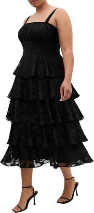 City Chic Daniela Tiered Ruffle Sleeveless Midi Dress in Black at Nordstrom, Size Xxxs