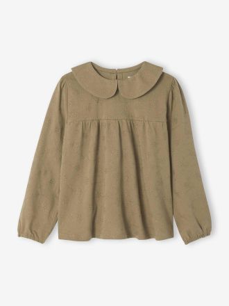 Vertbaudet M&auml;dchen Blusenshirt mit Lochstickereien olivgr&uuml;n