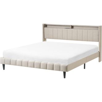 Beliani Cama Led Tapizada En Tela 180 X 200 Cm Con Cabecero De Almacenaje Y Luces Led Usb Beige Beaulieu