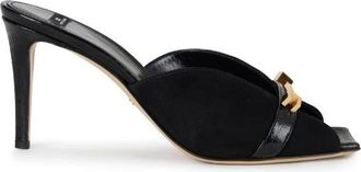 Elisabetta Franchi Riviera Suede Mules met Logo van Juwelen - Dames - Muiltjes - Zwart - 38 EU - Leer - Schoenen
