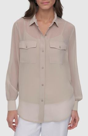 DKNY Chiffon Button-Up Shirt in Pebble at Nordstrom, Size X-Small