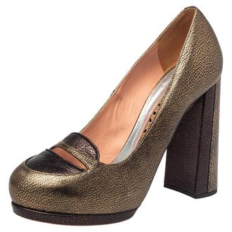 Rochas Metallic Bronze/brown Leather Block Heel Loafer Pumps