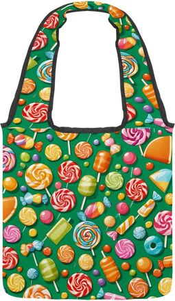Generic Green Candy Pattern Reversible Canvas Shoulder Tote - Double-Sided Print, 12oz Cotton, 27cm Drop, Fold-Flat Bag for Travel, Shopping, Street Outings