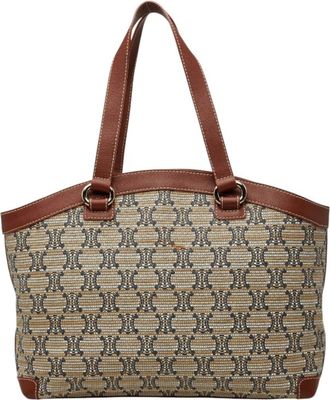Celine Beige Brown Leather Canvas Shoulder Bag Tote Bag (Pre-Owned)