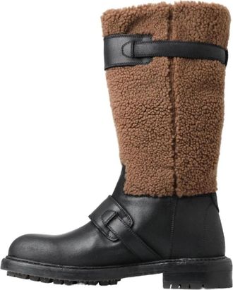 Dolce & Gabbana Zwarte Shearling Motorlaarzen - Heren - Winterlaarzen - Veelkleurig - 39 EU - Leer - Schoenen