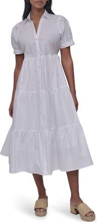 DKNY Short Sleeve Tiered Cotton Poplin Shirtdress in White at Nordstrom Rack, Size Xx-Small