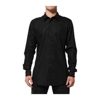 Dolce & Gabbana Casual Shirts, male, Black, Size: 2XL Black Embellished Collar Cotton Shirt