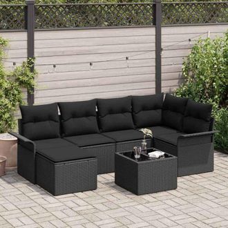 vidaXL Vidaxl - Conjunto De Sof&aacute; De Jard&iacute;n Con Coj&iacute;n 7 Pcs Negro Polirat&aacute;n
