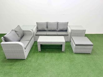 Fimous 6 Seater PE Rattan Wicker Garden Furniture Patio Conservatory Sofa Set w/ Oblong Coffee Table 3 Seater Sofa Love Sofa Big Footstool 2 Side