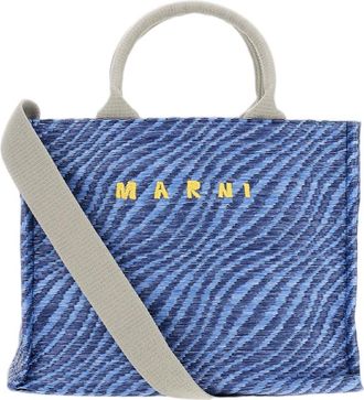 Marni Textured Blue Canvas Small Tote Bag with Contrasting Strap