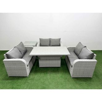 Fimous 6 Seater pe Wicker Rattan Furniture Sofa Sets with Adjustable Lifting Dining or Coffee Table 2 Seater Love Sofa Side Table Light Grey - Fimous