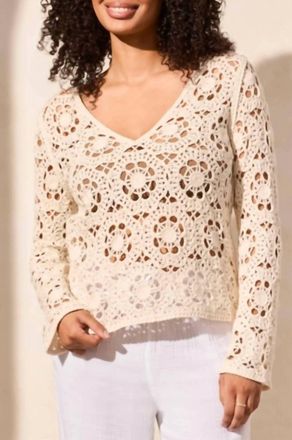 Tribal Open Fancy Crochet V-Neck Sweater In Coco Milk