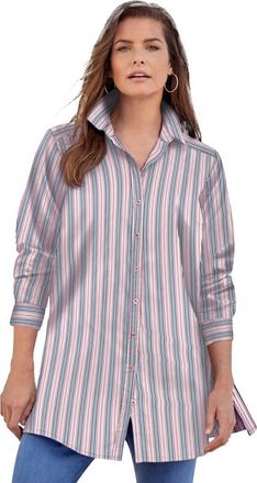 Roaman's Kate Long-Sleeve Crisp Cotton-Blend Button-Front Tunic in Pink Multi Stripe at Nordstrom, Size 42