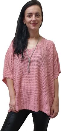 Mimosa Ladies One Size Knitted Warm Oversized V-Neck Poncho Cape with Side Buttons (One Size, Dusty Pink)