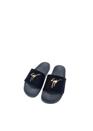Giuseppe Zanotti Black & Gold Tone Logo Slides Size 39