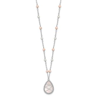 Diamond2Deal Sterling Silver Rhodium Rose Quartz and Pearl Pendant Necklace