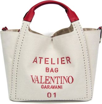 Valentino Garavani Atelier Leather Canvas Shoulder Tote Bag Red White