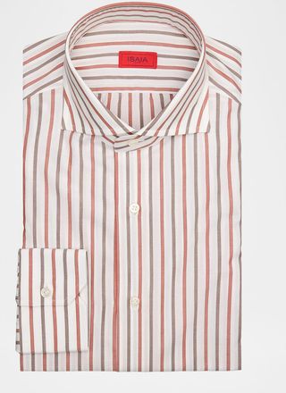Isaia Mens Cotton Bicolor Stripe Spread-Collar Dress Shirt