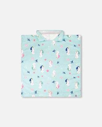 Deux par Deux Hooded Beach Towel Blue Seahorse Print