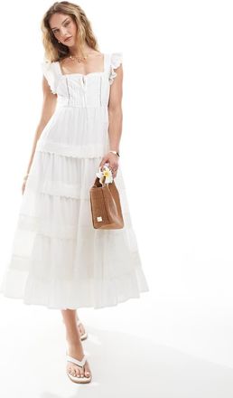 Miss Selfridge Vestito midi stile babydoll bianco con finiture in pizzo