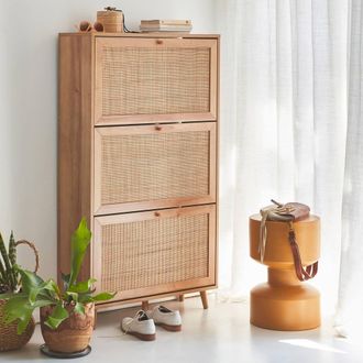 Sweeek Shoe Cabinet With 3 Drawers Wood Decor & Cane in Light Brown
