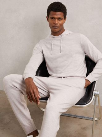 Reiss Wicker Brown Melange Merino Wool Drawstring Hoodie, Xxl