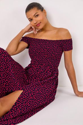 Roman Spot Print Shirred Bardot Maxi Dress