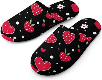 Generic Strawberry And Cherries Heart Pattern Flannel Mens Slip-on Slippers Winter Warm House Shoes with Rubber Sole for Home Hotel