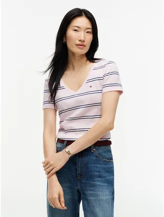 Tommy Hilfiger Womens Slim Fit Striped V-Neck Favorite T-Shirt - Icy Pink - XXL